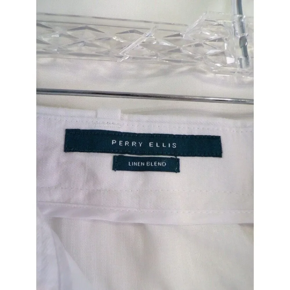 Perry Ellis Men's Linen Blend Dress Pants 42x36 White Flat Front